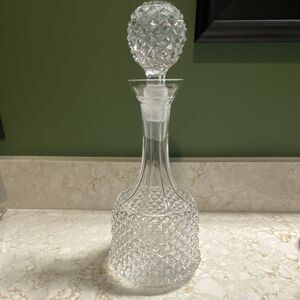 Vintage Cut Glass Decanter Diamond Pattern with Round Stopper 11" Barware